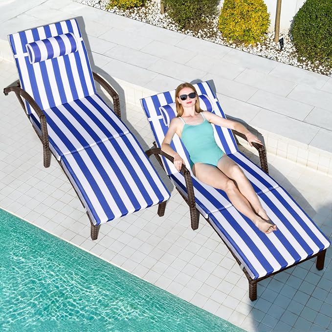Chaise Lounge Chairs Outdoor Set of 2, Comfy Outside Wicker Patio Pool Lounge Chair w/ 5 Adjustable Back Angle - Photo 1