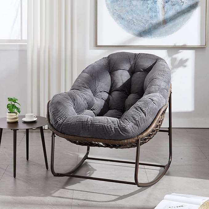Large Indoor Rocking Chair, Oversized Rocking Papasan Chair with Thick Cushion & Frame, Comfy Corduroy Rocker Wicker Egg Chairs Lounge Reading Chair for Living Room, Bedroom, Apartment, Charcoal Grey