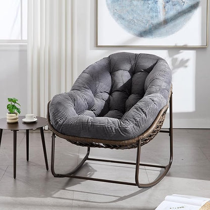 Large Indoor Rocking Chair, Oversized Rocking Papasan Chair with Thick Cushion & Frame, Comfy Corduroy Rocker Wicker Egg Chairs Lounge Reading Chair for Living Room, Bedroom, Apartment, Charcoal Grey