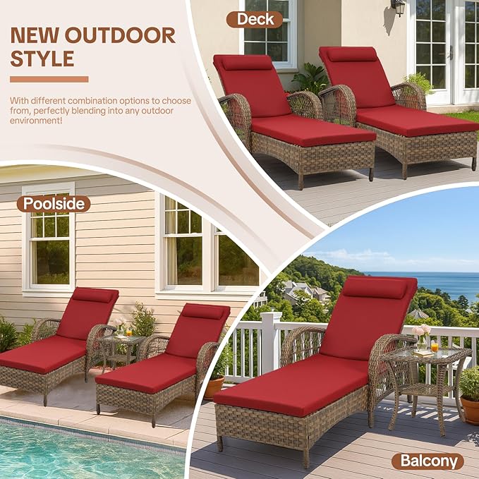 HOMEDIARY 3-Piece Outdoor Wicker Lounge Chair Set, Patio Chaise Loungers Set of 2 w/Side Table - Photo 9