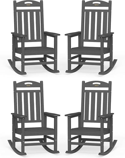 Oversized Outdoor Rocking Chairs Set of 4, High Back Porch Rocker Chair, HDPE All Weather Resistant Rocking Chairs for Patio, 380lbs Weight Capacity, Dark Grey