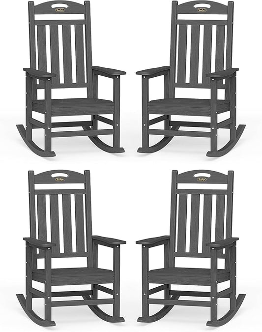 Oversized Outdoor Rocking Chairs Set of 4, High Back Porch Rocker Chair, HDPE All Weather Resistant Rocking Chairs for Patio, 380lbs Weight Capacity, Dark Grey