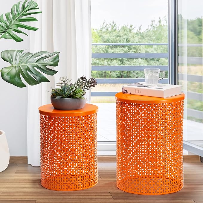 Glitzhome Outdoor Side Table Set of 2, Decorative Garden Stool for Patio Heavy Duty Metal Frame Accent Table Modern End Table, Glossy Orange