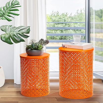 Glitzhome Outdoor Side Table Set of 2, Decorative Garden Stool for Patio Heavy Duty Metal Frame Accent Table Modern End Table, Glossy Orange