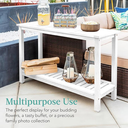 Best Choice Products 48in 2-Shelf Eucalyptus Wooden Console Table Indoor Outdoor Multifunctional Buffet Bar Storage Organizer w/Foot Sliders - White