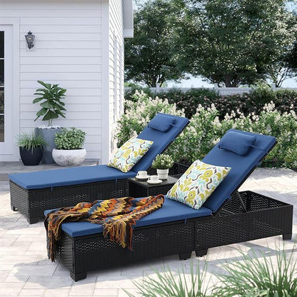 3 PCS Patio Chaise Lounge with Coffee Table Cushion&Pillow Outdoor Lounge Chair Chaise Lounger Patio Reclining Chair 5 Angle Adjustment Black PE Rattan for Courtyards Poolside (Navy)