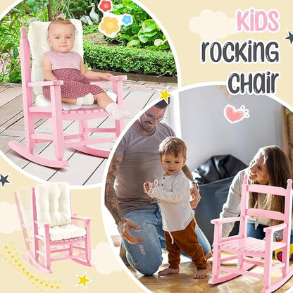 Kids Rocking Chair Cushion Pad Set Toddler Rocking Chair Indoor Outdoor Wooden Rocker Child Patio Rocker for Porch Balcony Lawn Indoor Outdoor(Pink,Ages 2-5)