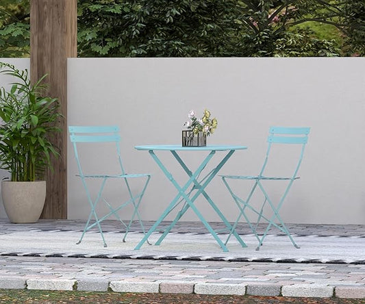 Carolina Chair & Table Bistro Set of 2 Foldable Outdoor Chairs - Elegant Powder Coated Metal Seat and Frame Folding Chairs - Modern Style Space Saving Furniture for Patio, Balcony or Garden (Teal)