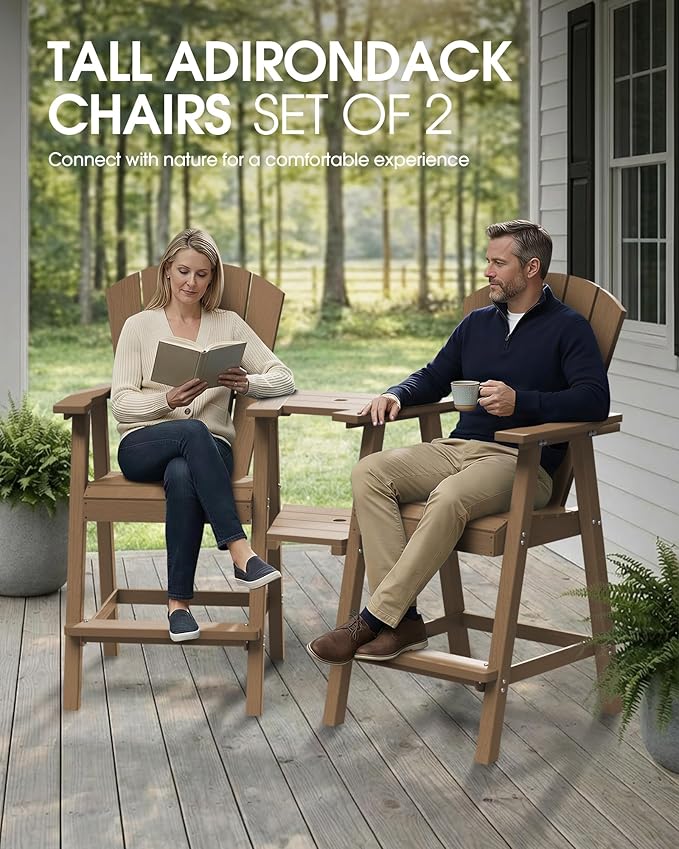 Tall Adirondack Chairs Set of 2, HDPE High Adirondack Chairs with Double Removable Trays, All Weather Outdoor Barstools for Patio, Balcony, Backyard, Deck and Garden, Teak
