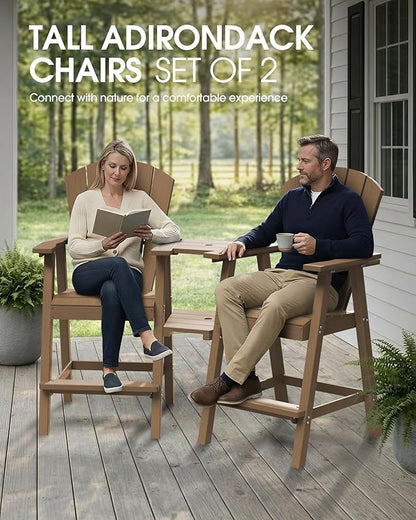 Tall Adirondack Chairs Set of 2, HDPE High Adirondack Chairs with Double Removable Trays, All Weather Outdoor Barstools for Patio, Balcony, Backyard, Deck and Garden, Teak