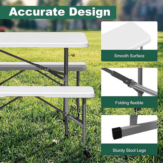 6ft Folding Bench 2 Pack, Plastic Folding Bench for Picnic Camping Dining Party Garden, 6 feet Foldable Benches for Soccer Multipurpose Entertaining Activities, Smooth HDPE Tabletop, White