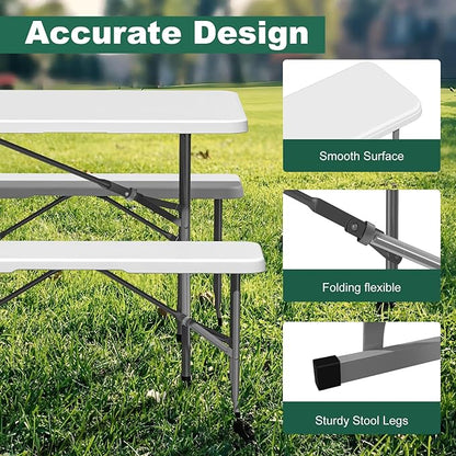 6ft Folding Bench 2 Pack, Plastic Folding Bench for Picnic Camping Dining Party Garden, 6 feet Foldable Benches for Soccer Multipurpose Entertaining Activities, Smooth HDPE Tabletop, White