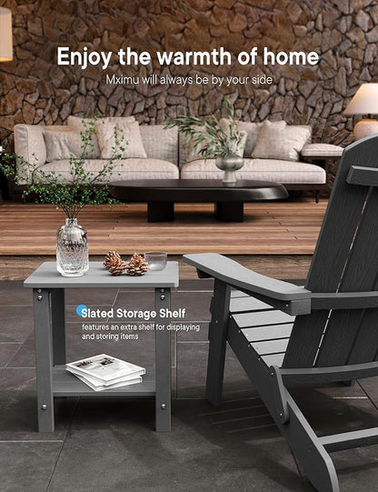 MXIMU Outdoor Side Table for Patio: 16" HIPS Weatherproof Adirondack Table Set of 2 - Small End Tables with Storage for Outside Porch Deck Pool Lawn Garden - 2 Tier Easy Assembly No Maintenance Grey