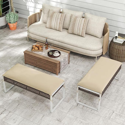 HAPPYGRILL Patio Rattan Loveseat Bench Ottoman, 43 Inch Outdoor Seat with Metal Legs & Seat Cushion, Wicker Footstool Seating Furniture for Backyard, Poolside, Front Porch (1)