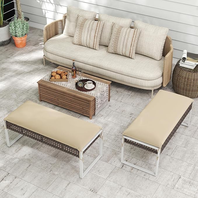 RELAX4LIFE Wicker Outdoor Ottoman Footstool - Set of 2 Rattan Patio Foot Rest w/Soft Cushion & Metal Frame, Multipurpose Coffee Table, 43’’ Seating Bench, Foot Stool for Garden Porch Backyard (2)