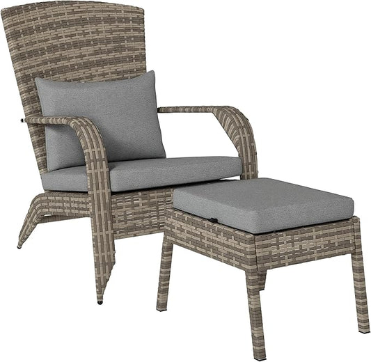 Outsunny Patio Wicker Adirondack Chair with Ottoman, Outdoor Fire Pit Chair with Cushions, High-Back, Large Seat & Armrests for Deck, Garden & Backyard, Gray