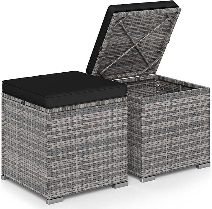 Tangkula 2 Pieces Patio Ottomans, Patiojoy Hand-Woven PE Rattan Side Table with Removable Cushion & Hidden Storage Space - Photo 1