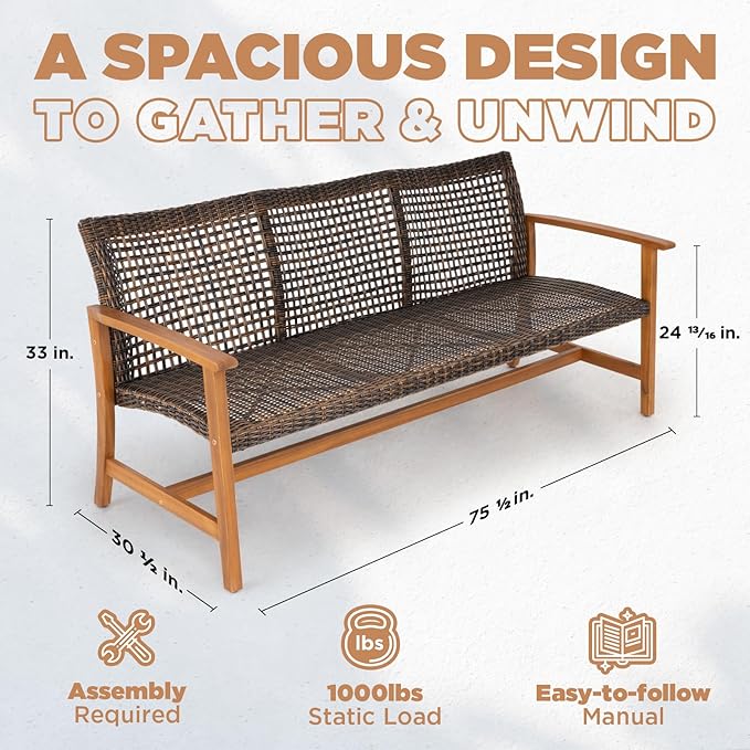 IDZO 1000lbs Capacity, FSC Certified 3 Seater Patio Couch with Upgraded 2000Hours UV Resistant Wicker - Photo 2