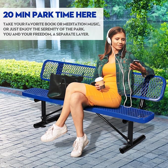 6FT Heavy-Duty Park Bench for Outside - Black Coated Outdoor Furniture Steel Bench, Commercial-Grade Outdoor Benches Weatherproof for Park, Patio, Porch (Portable with Back,) (Blue, 6FT)