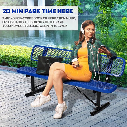 Outdoor Garden Bench, Cast Iron Metal Frame Patio Park Bench with Backrest, Portable Expanded Metal Black Bench, Commercial-Grade Outdoor Seating for Lawn, Patio, Park, Yard, Garden (Blue, 6FT/72')
