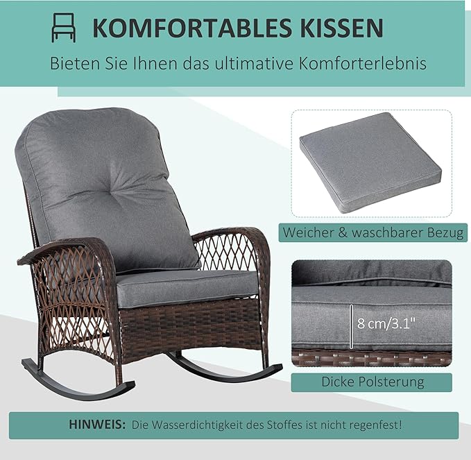 Outsunny Outdoor Wicker Rocking Chair with Wide Seat, Thickened Cushion, Rattan Rocker with Steel Frame for Patio, Garden, Backyard, Gray