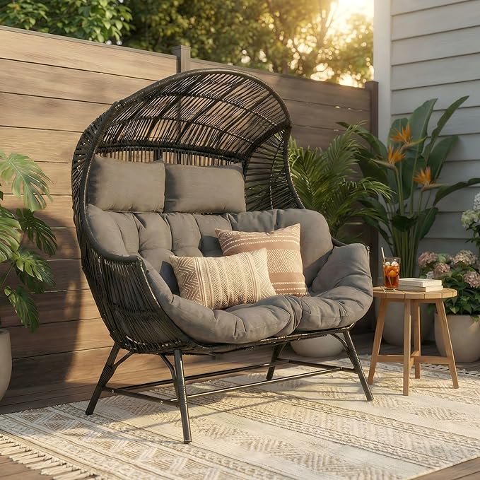 IRONCK 2 Person Egg Chair Indoor Outdoor, Double Lounge Chair, Update Frame, Cushions and Headrests - Photo 4