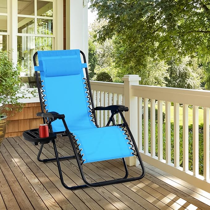 Tangkula Zero Gravity Chair, Folding Patio Lounge Chair Adjustable Outdoor Recliner with Cup Holder, Wide Armrest for Patio Garden Poolside Outdoor Yard Beach, Support 350 lbs (1, Blue)