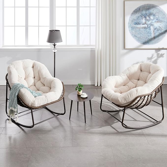 Large Indoor Rocking Chair Set of 2, Oversized Rocking Papasan Chair with Thick Cushion and Frame, Comfy Corduroy Rocker Wicker Egg Chairs Lounge Reading Chair for Living Room, Bedroom, White