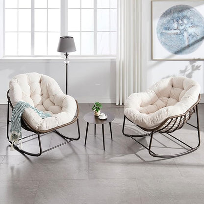 Large Indoor Rocking Chair Set of 2, Oversized Rocking Papasan Chair with Thick Cushion and Frame, Comfy Corduroy Rocker Wicker Egg Chairs Lounge Reading Chair for Living Room, Bedroom, White