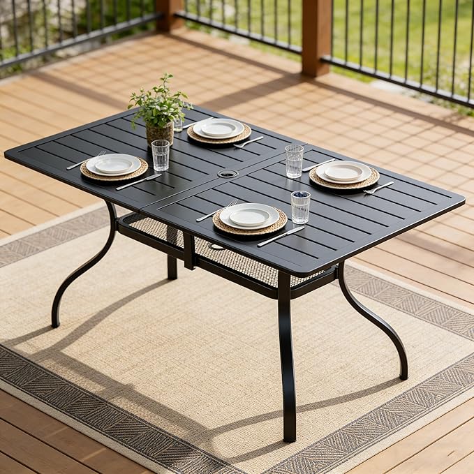 SUNCROWN 60"x37" Black Patio Outdoor Dining Table Metal Steel Slat Rectangular Bistro Table for Porch Deck Garden Backyard Poolside, 1.57" Umbrella Hole