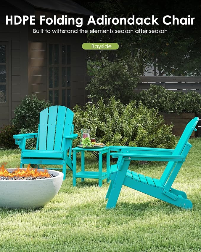 GREENVINES Folding-Adirondack-Chairs-Set-of-2 | HDPE Plastic | Fire Pit Chair | All Weather | Cup Holder | Aqua - Photo 4