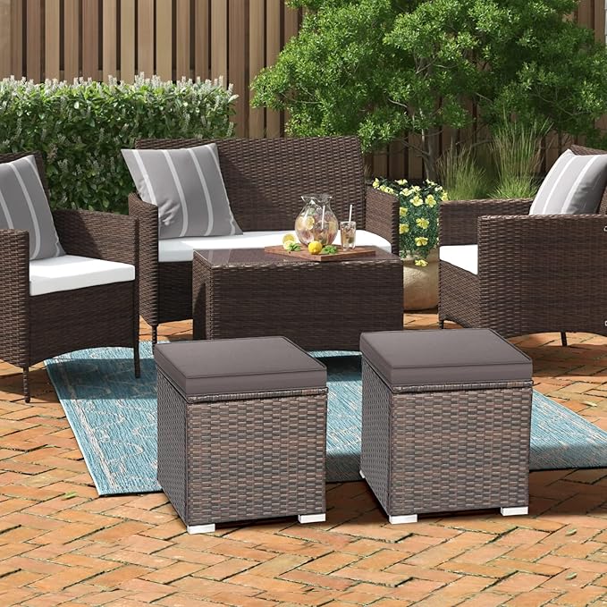 RELAX4LIFE Wicker Outdoor Storage Ottoman, 2-Piece Rattan Footstool w/Removable Cushion - Photo 9