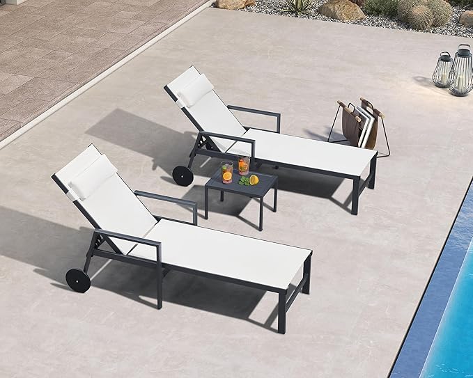PURPLE LEAF Patio Lounge Chair Set of 3 Outdoor Chaise Lounger Aluminum Frame with Armrest Side Table and Wheels for Pool Outside Sunbathing Tanning Recliner Including Pillows White