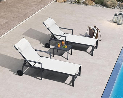 PURPLE LEAF Patio Lounge Chair Set Outdoor Chaise Lounger Aluminum Frame with Armrest 2 Side Table and Wheels for Pool Outside Sunbathing Tanning Recliner Including Pillows White