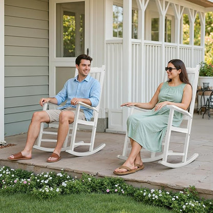 Flamaker Acacia Wood Patio Rocking Chair Set of 2, High Back and Widen Armrest for Adults, Solid Wood Porch Rocking Chair for Lawn, Garden, Backyard (White)