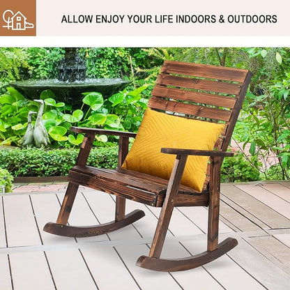 Outdoor Rocking Chairs Set of 2, Patio Wood Rocker Chairs High Back 2PCS Rocking Chairs for Deck, Garden, Backyard, Porch