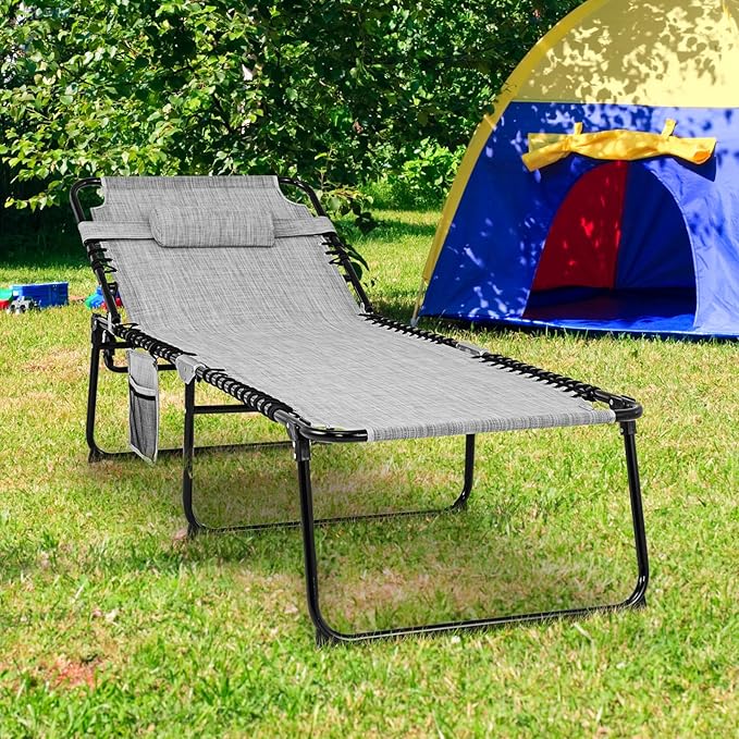 Giantex Lounge Chair Outdoor, Folding Tanning Chair with 4 Adjustable Positions, Removable Headrest, Footrest, Side Pocket, Load 440 Lbs, Portable Recliner for Lawn, Yard, Beach, Sunbathing (1, Grey)