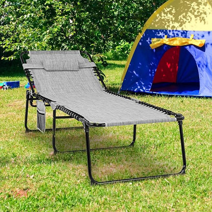 Giantex Lounge Chair Outdoor, Folding Tanning Chair with 4 Adjustable Positions, Removable Headrest, Footrest, Side Pocket, Load 440 Lbs, Portable Recliner for Lawn, Yard, Beach, Sunbathing (1, Grey)