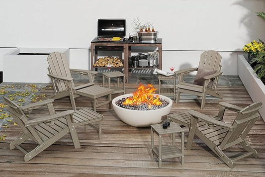 GREENVINES Adjustable Adirondack Chair with Retractable Ottoman Set of 2 | Folding | 2 Cup Holders | Wood Grain HDPE Plastic | Fire Pit Chairs w/Foot Rest | Desert Brown | for Outdoor Patio Poolside