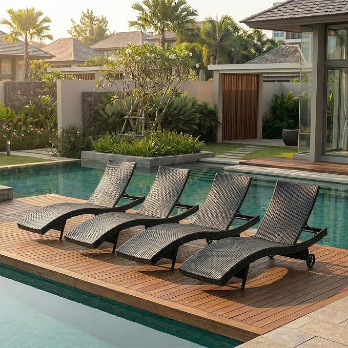 Wicker Outdoor Lounge Chairs with Rolling Wheels, Pool Lounge Chairs Set of 4 - Photo 1