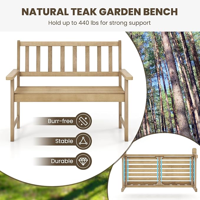 Tangkula Outdoor Teak Wood Garden Bench, 2-Person Patio Bench with Backrest and Armrests, Patio Garden Bench with Slatted Seat for Porch, Lawn, Balcony and Backyard