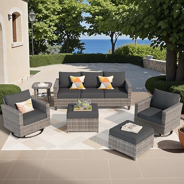 ovios Patio Furniture Set, 6 Pieces Outdoor Wicker Sofa Couch with Swivel Rocking Chairs Ottomans Comfy Cushions Rattan - Photo 1