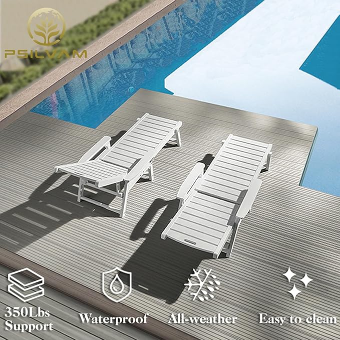 Psilvam Chaise Lounge, Lounge Chair with Adjustable Backrest, Supports Up to 350 lbs, All Weather Recliner Poly Lumber Lounges Bed for Poolside, Porch, Patio