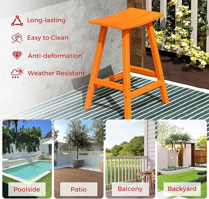 Costaelm All-Weather Bar Stools Set of 3, 24" Height Outdoor Bar Stools, Adirondack Poly Patio Bar Stool for Patio, Deck, Kitchen Counter and Garden, Orange