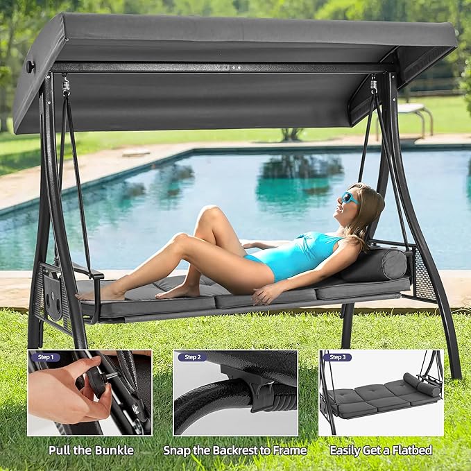 HOMREST 3 Seat Outdoor Porch Swing with 1.5" Deepened Cup Holder, Adjustable Canopy, Patio Swing Bed with Stand - Photo 3