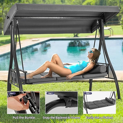 HOMREST 3 Seat Outdoor Porch Swing with 1.5" Deepened Cup Holder, Adjustable Canopy, Patio Swing Bed with Stand, Patio Glider Swing with Thicken Cushions, Pillow for Yard, Garden(Grey)