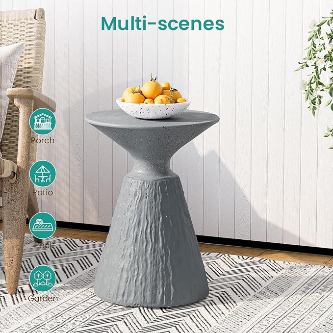 SUNBURY Outdoor Mushroom Side Table, Modern Concrete End Table, Round Accent Table w Marble Top for Plant Stand, Balcony, Courtyard, Spotted Grey
