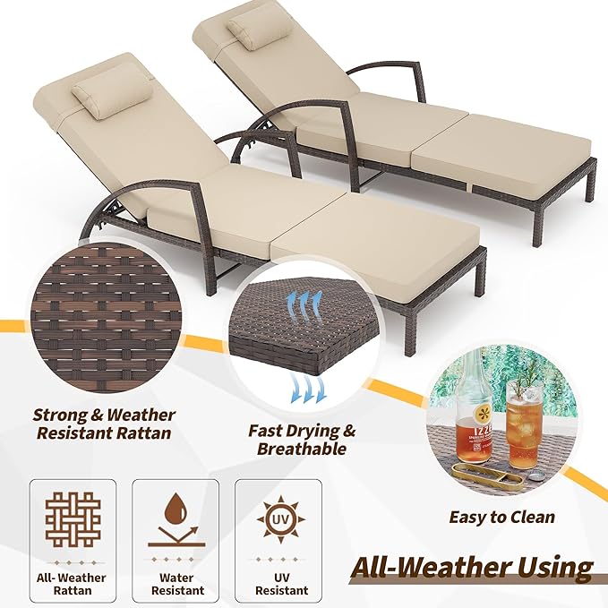 Garvee Chaise Lounge Outdoor Set of 2, PE Rattan Wicker Pool Lounge Chairs with 5-Level Adjustable Backrest - Photo 4