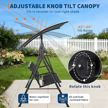 Porch Swing with Adjustable Canopy for Adults 2-Seat Outdoor Waterproof Textilene & Steel Frame Patio Swing Bench for Backyard Lawn Garden Black