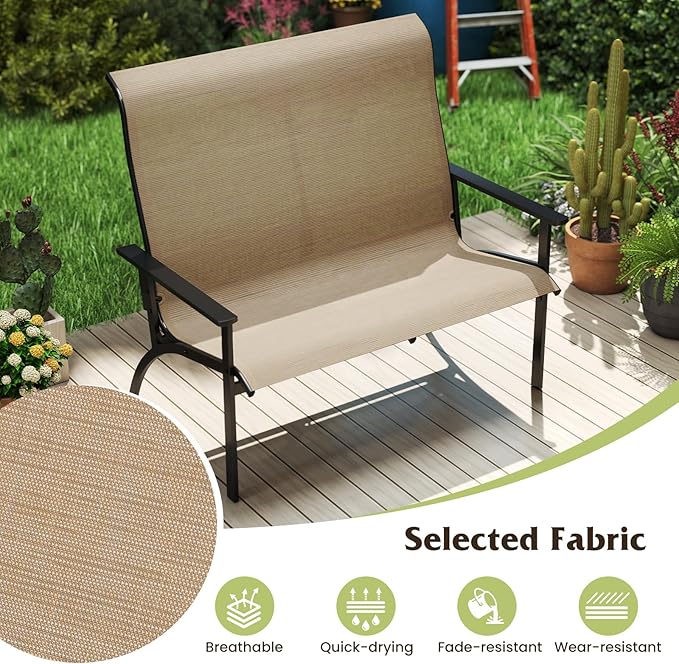 Tangkula Outdoor Adirondack Bench Chair, 2-Person Patio Garden Bench with High Back and Armrests, 880 lbs Weight Capacity, Front Porch Loveseat Furniture for Deck, Lawn and Backyard (Coffee)